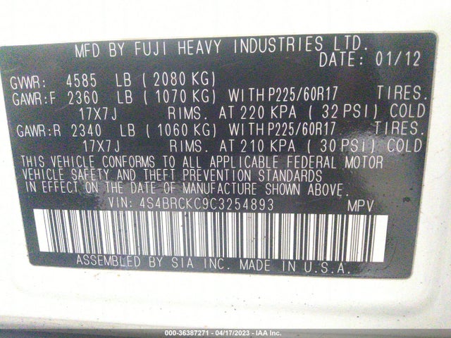 2012 SUBARU OUTBACK 2.5I LIMITED VIN: 4S4BRCKC9C3254893
