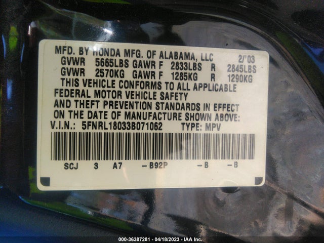 2003 HONDA ODYSSEY EX-L VIN: 5FNRL18033B071062