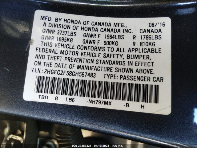 Honda Civic Sedan Lx 2016 2HGFC2F58GH567483 Image 9
