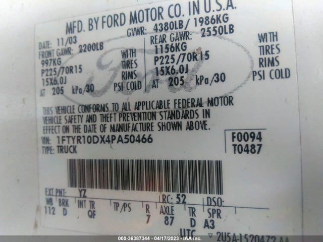 2004 FORD RANGER XL/XL FLEET/XLT VIN: 1FTYR10DX4PA50466
