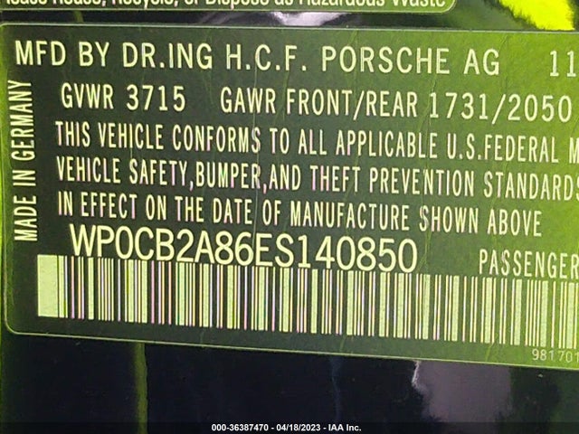 2014 Porsche Boxster, VIN: WP0CB2A86ES140850