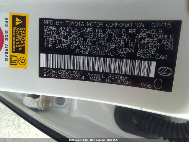 JTHBW1GG1G2101433 Lexus Es 300h Hybrid