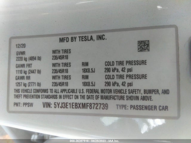 Tesla Model 3 Long Range 2021 5YJ3E1EBXMF872739 Image 11