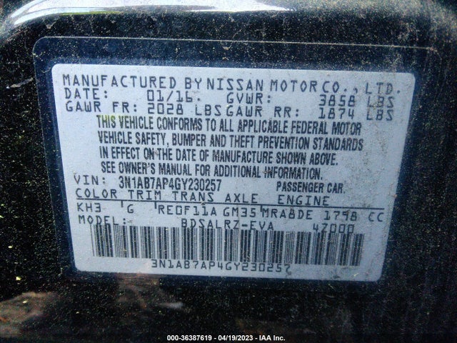 2016 NISSAN SENTRA SR VIN: 3N1AB7AP4GY230257