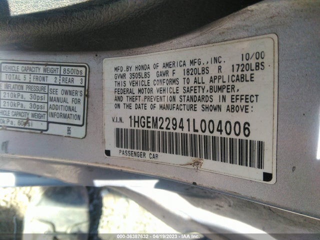 2001 HONDA CIVIC EX VIN: 1HGEM22941L004006