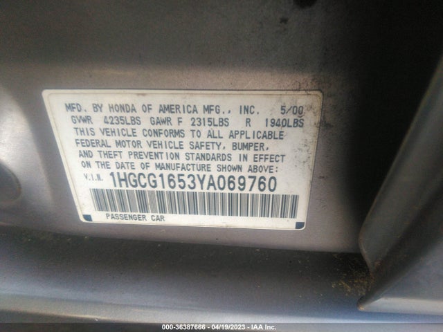2000 HONDA ACCORD SDN EX W/LEATHER VIN: 1HGCG1653YA069760