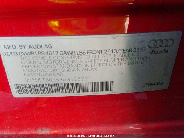 2003 AUDI A4 3.0L VIN: WAULT68E53A317677