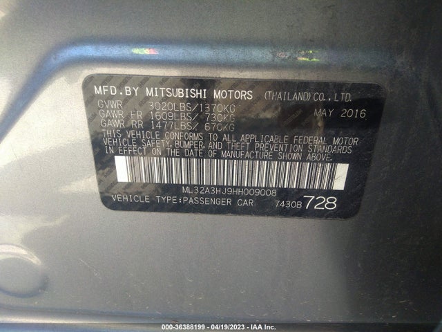2017 MITSUBISHI MIRAGE ES VIN: ML32A3HJ9HH009008