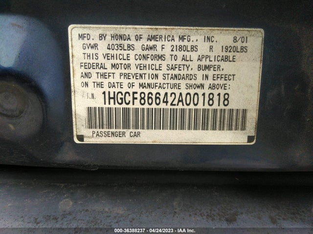 2002 HONDA ACCORD SDN VP VIN: 1HGCF86642A001818
