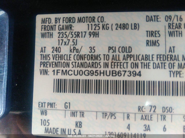 2017 FORD ESCAPE SE VIN: 1FMCU0G95HUB67394