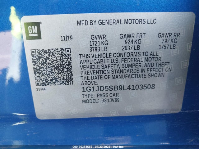 Chevrolet SONIC LT 2020 1G1JD5SB9L4103508 Image 9