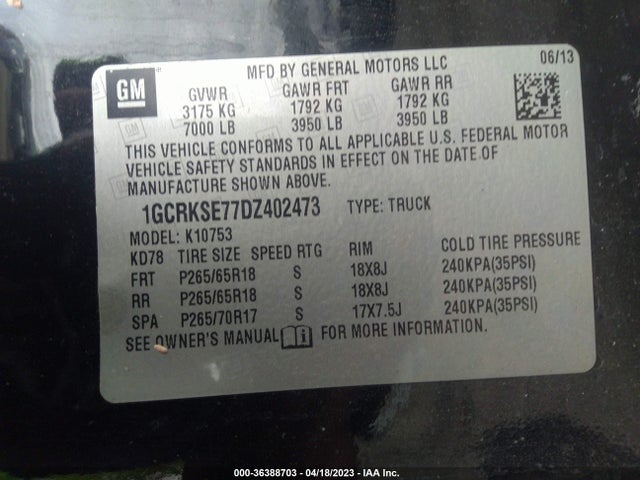 2013 CHEVROLET SILVERADO 1500 LT VIN: 1GCRKSE77DZ402473