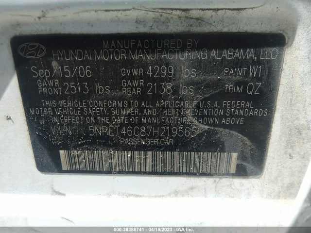 2007 HYUNDAI SONATA GLS VIN: 5NPET46C87H219565