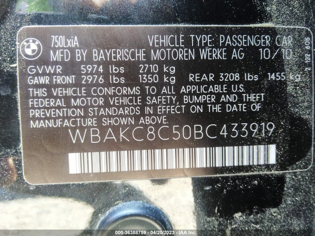 2011 BMW 7 SERIES 750LI XDRIVE VIN: WBAKC8C50BC433919