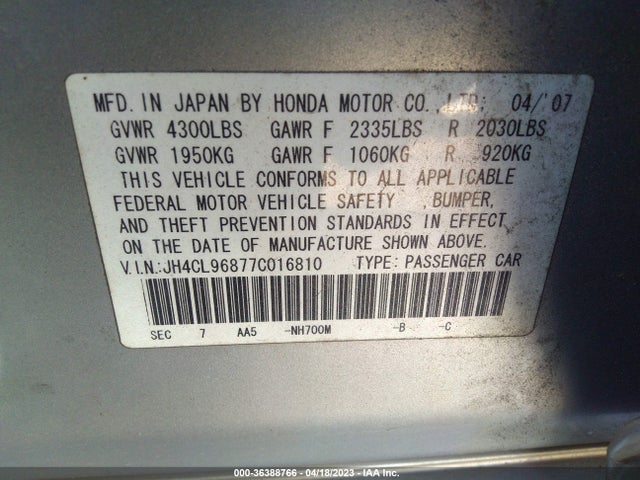 2007 ACURA TSX VIN: JH4CL96877C016810