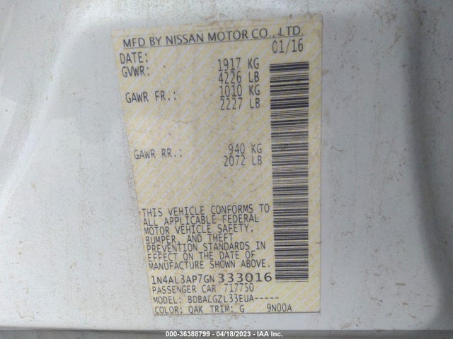 36388799 :رقم المزاد ، 1N4AL3AP7GN333016 vin ، 2016 Nissan Altima 2.5 S مزاد بيع