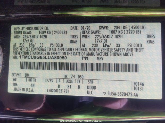 1FMCU9G65LUA80050 Ford ESCAPE SE