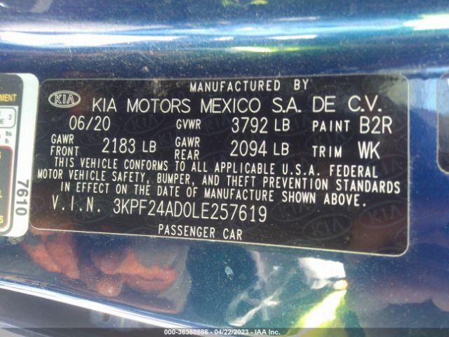 3KPF24AD0LE257619 KIA Forte Lxs