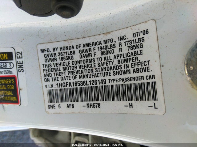 2006 HONDA CIVIC SDN LX VIN: 1HGFA16536L126149