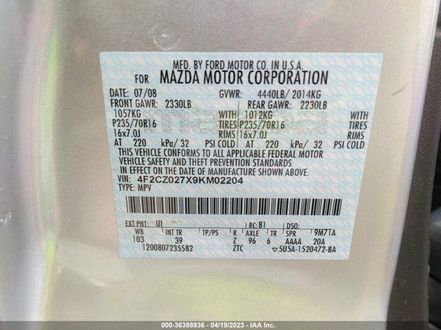 2009 MAZDA TRIBUTE SPORT VIN: 4F2CZ027X9KM02204
