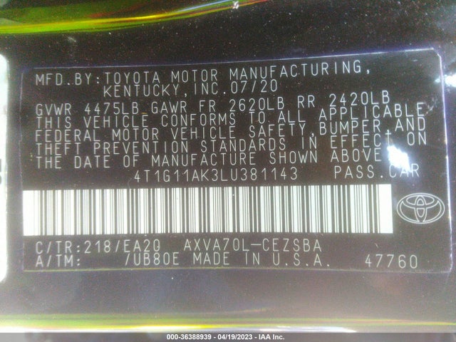 Toyota CAMRY SE 2020 4T1G11AK3LU381143 Image 9