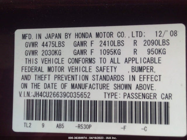 2009 ACURA TSX VIN: JH4CU26639C035652