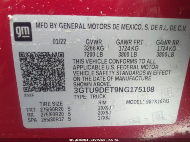 3GTU9DET9NG175108 GMC Sierra 1500 Limited Slt