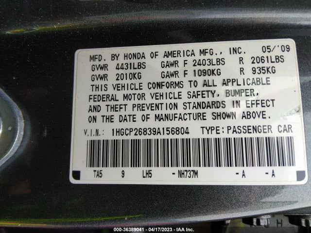 2009 HONDA ACCORD SDN EX-L VIN: 1HGCP26839A156804