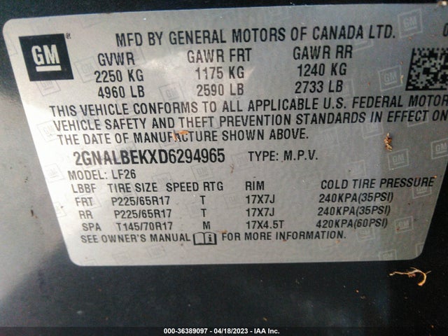 2013 CHEVROLET EQUINOX LS VIN: 2GNALBEKXD6294965