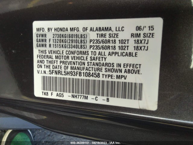 Honda Odyssey Touring 2015 5FNRL5H93FB108458 Image 9