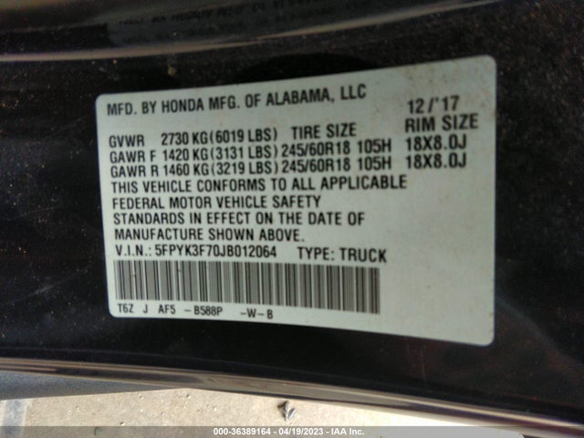 Honda Ridgeline Rtl-e 2018 5FPYK3F70JB012064 Image 9