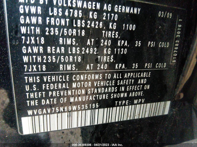 2009 VOLKSWAGEN TIGUAN SE VIN: WVGAV75N69W535195