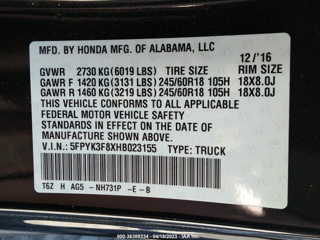 Honda Ridgeline Black Edition 2017 5FPYK3F8XHB023155 Image 9