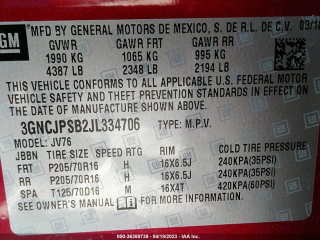 Chevrolet Trax Lt 2018 3GNCJPSB2JL334706 Image 9