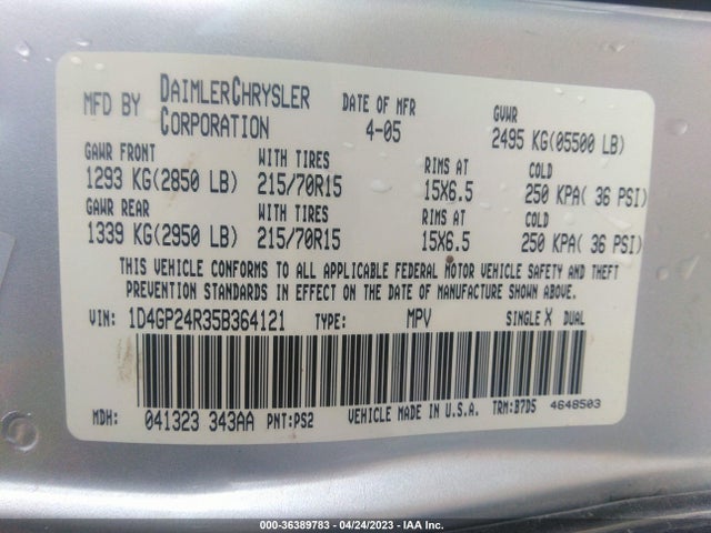 2005 DODGE GRAND CARAVAN SE VIN: 1D4GP24R35B364121
