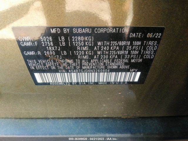 4S4BTGJD6N3260804 Subaru Outback Onyx Edition Xt