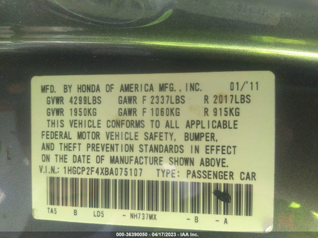 2011 HONDA ACCORD SDN LX-P VIN: 1HGCP2F4XBA075107