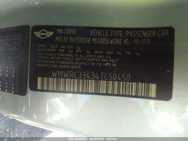 2004 MINI COOPER HARDTOP VIN: WMWRC33434TC50450