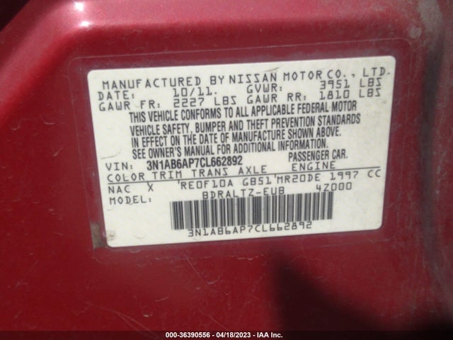 2012 NISSAN SENTRA 2.0 S VIN: 3N1AB6AP7CL662892