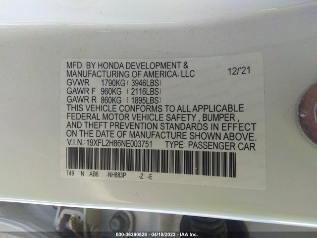 2022 HONDA CIVIC HATCHBACK SPORT VIN: 19XFL2H86NE003751