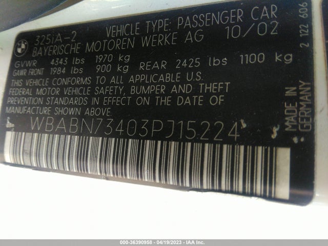 2003 BMW 3 SERIES 325CI VIN: WBABN73403PJ15224