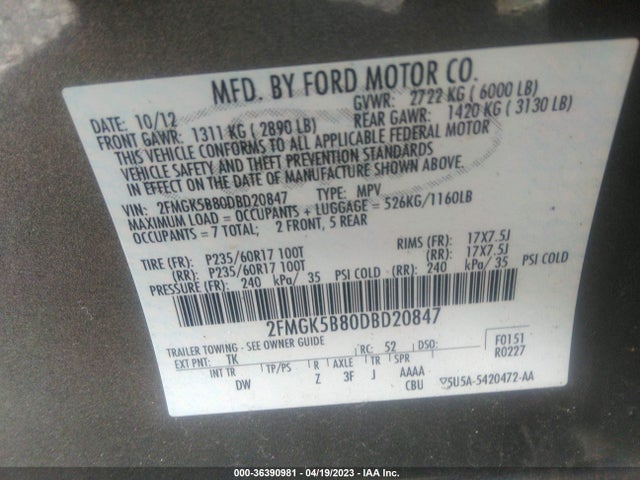 2013 FORD FLEX SE VIN: 2FMGK5B80DBD20847