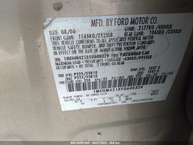 2005 MERCURY MONTEGO PREMIER VIN: 1MEHM42185G600329