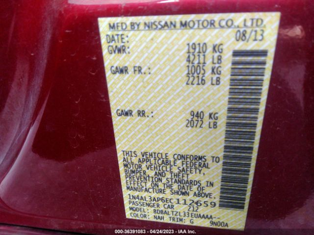 1N4AL3AP6EC112659 Nissan Altima 2.5 Sv
