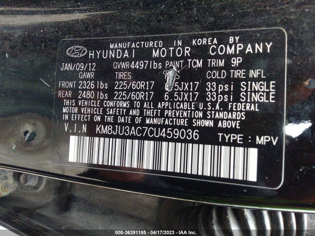 2012 HYUNDAI TUCSON GLS PZEV VIN: KM8JU3AC7CU459036