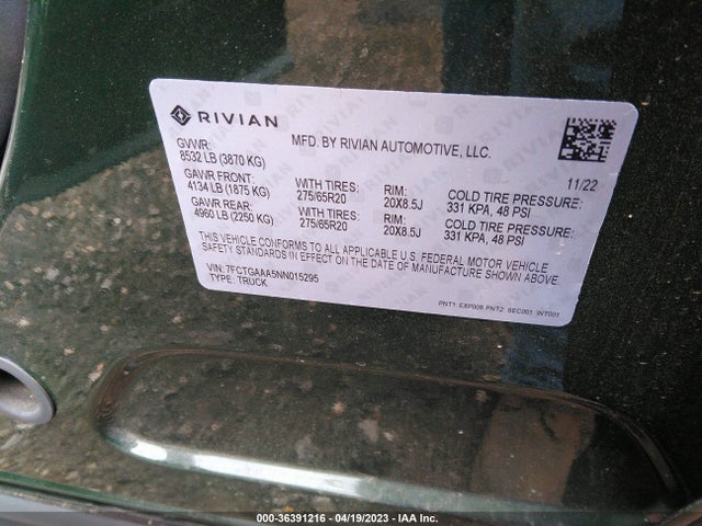 2022 Rivian R1T, VIN: 7FCTGAAA5NN015295