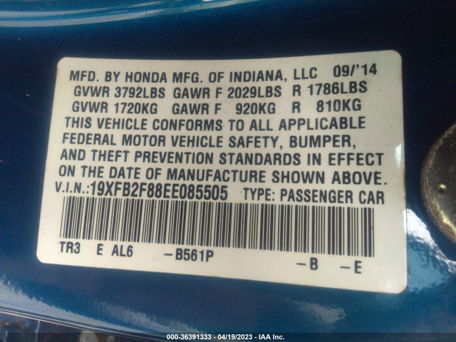 Honda Civic Sedan Ex 2014 19XFB2F88EE085505 Image 9