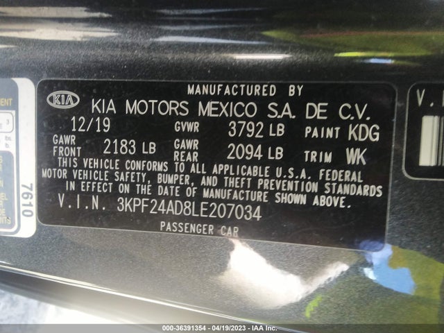2020 KIA FORTE LXS VIN: 3KPF24AD8LE207034