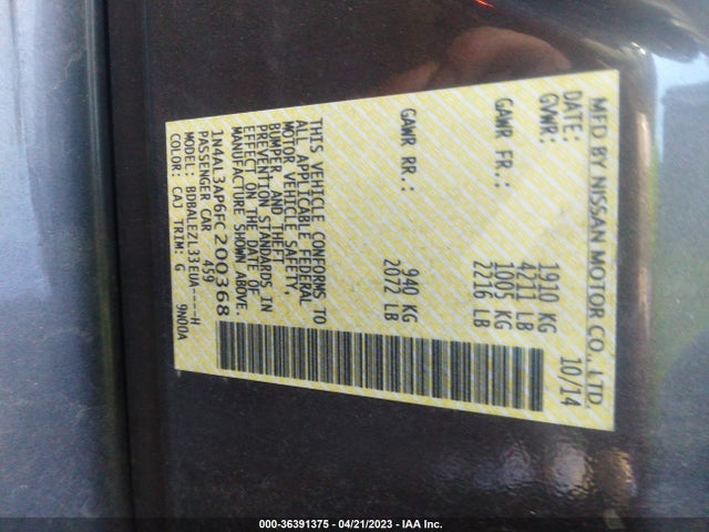 2015 NISSAN ALTIMA 2.5 S VIN: 1N4AL3AP6FC200368