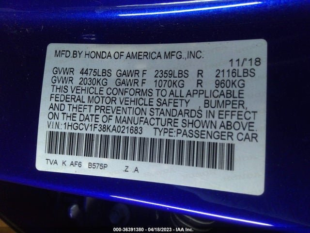 2019 HONDA ACCORD SEDAN SPORT 1.5T VIN: 1HGCV1F38KA021683